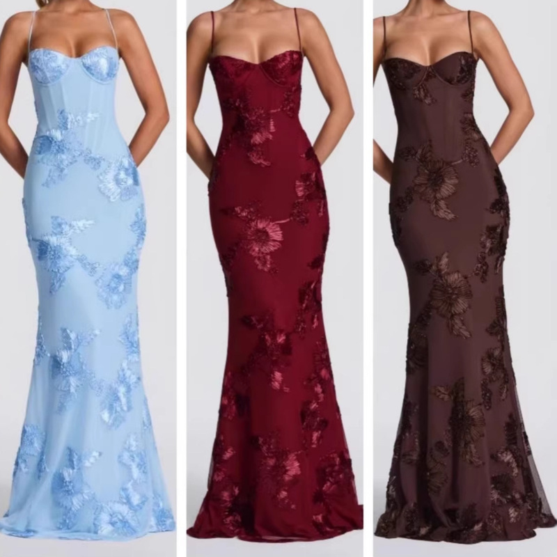 French-Style High-End Romantic Backless Jacquard Fishbone Underwire Elegant Sexy Strap Dress Long Gown