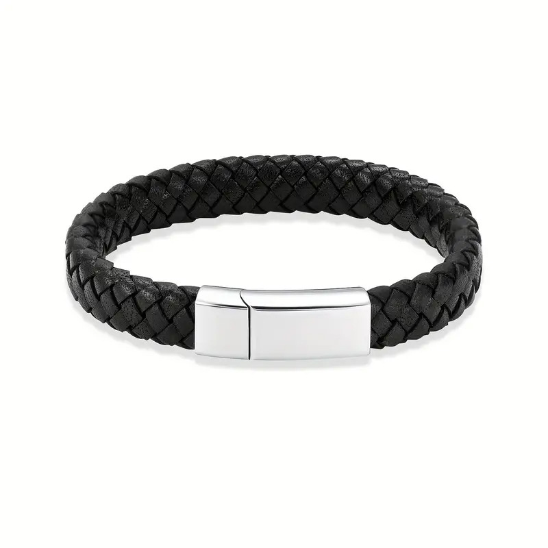 Cross-Border New European And American Men's Ash Retro Woven Leather Rope Magnetic Clasp Memorial Bracelet Bangle_voghion.com