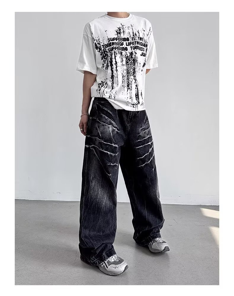 American Style Rivet Lightning Denim Jeans For Men And Women, Wide-Legged Distressed Wash Vintage Drop-Crotch Trousers, Trendy Streetwear Design_mkmklike.com