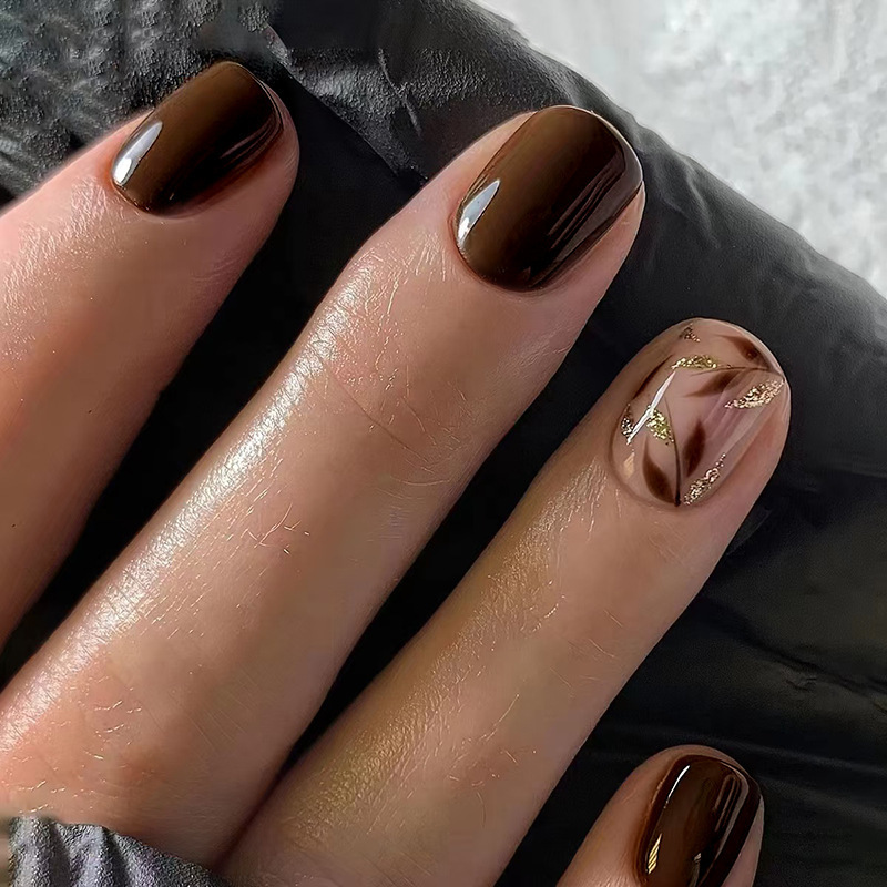 Foreign Trade Brown Bamboo Leaf Wear Armor Short Nail Art Removable Fake Nail Patch Europe and America Wearable Armor Wholesale