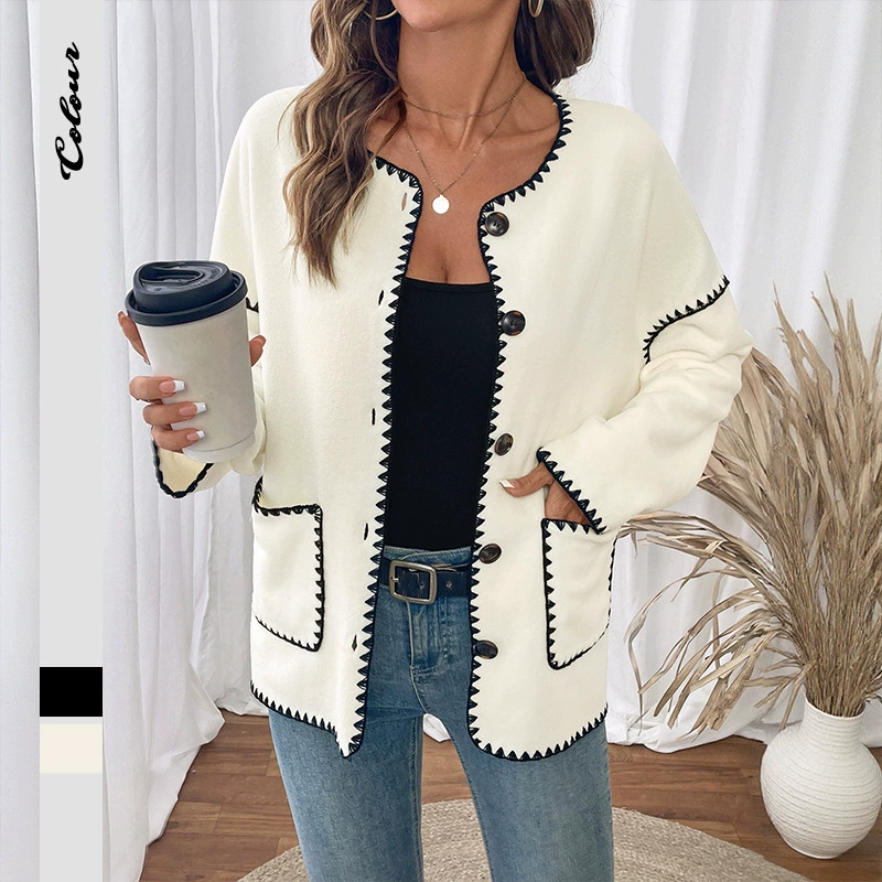 Лидер продаж Amazon, европейская и американская осенне-зимняя популярная трансграничная повседневная свободная флисовая куртка с белой отделкой для женщин