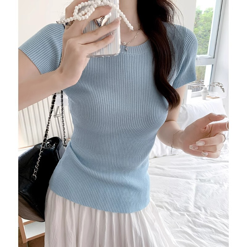 light blue Summer New Short-sleeved Round Neck Shoulder Half-sleeve Sweater Thin T-shirt Women's Slim-fit Slimming Outer Wear Top