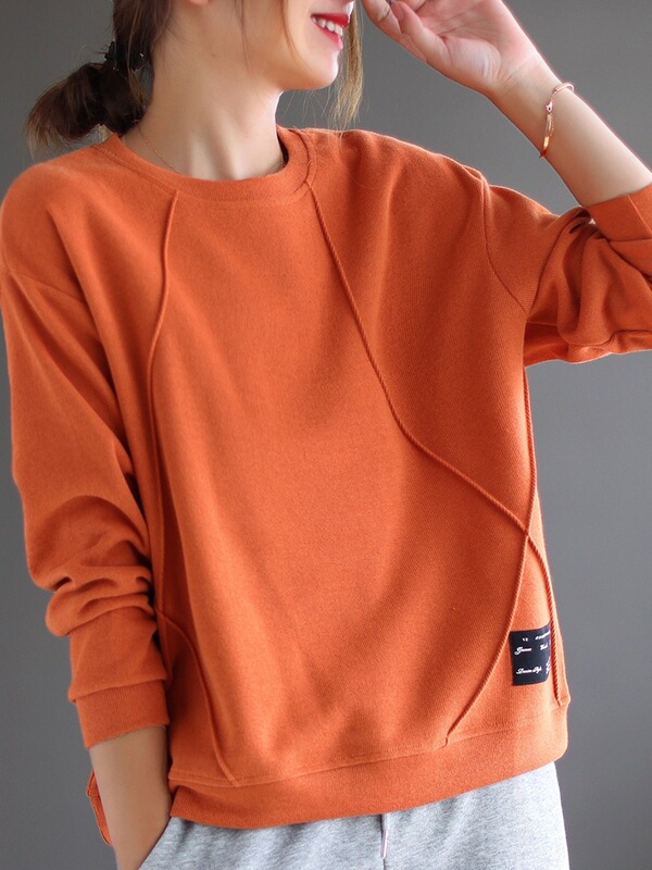 Large Size Line Long-Sleeved Sweatshirt Korean Style Loose Casual Slimming Orange Brand Discount Autumn and Winter Women's Tops Large Size Line Long-Sleeved Sweatshirt Korean Style Loose Casual Slimming Orange Brand Discount Autumn and Winter Women's Tops