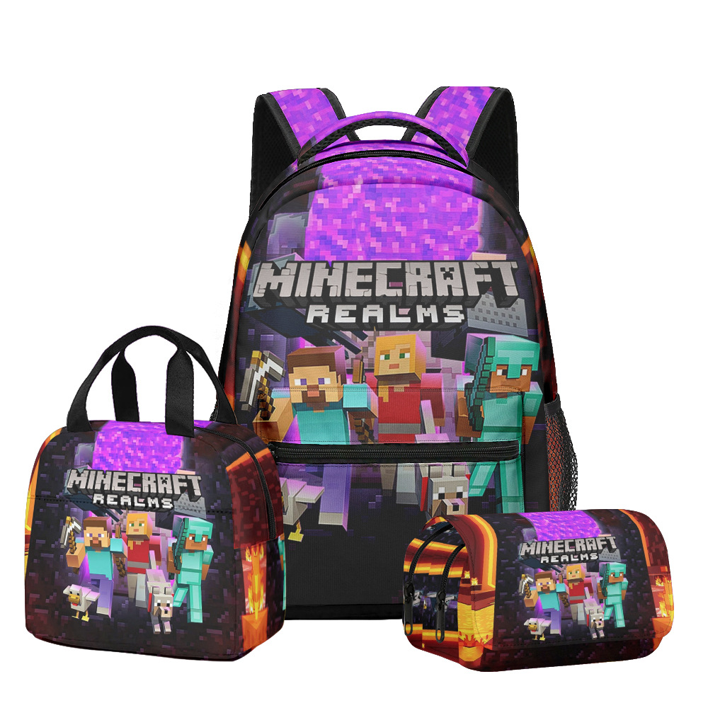 Nuevo producto 3D My World Minecraft mochila de estudiantes de primaria y secundaria bolsa de almuerzo bolsa de bolígrafo doble tres piezas set