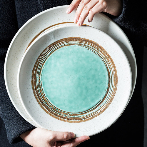 Japanese round shallow plate commercial retro hotel western food dessert ceramic tableware home salad plate fruit plate