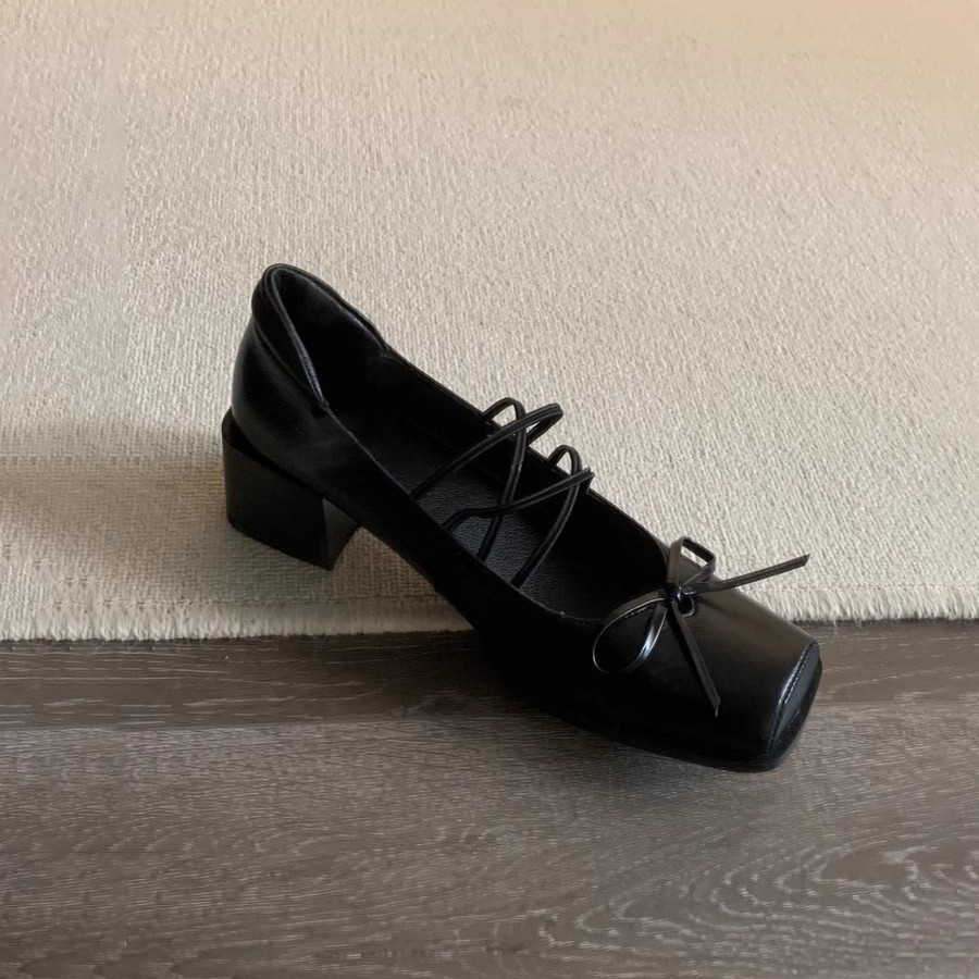 Sheepskin Version ~ Retro Bow Square Toe Ballet Shoes Cross Strap Thick Heel Mary Jane Shoes Commuter Pumps