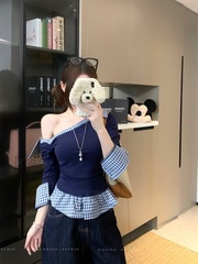 2025秋季新款韩系设计感高级百搭斜肩收腰格纹假两件T恤上衣女潮