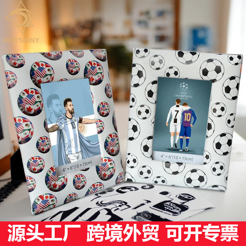 Cross-Border Photo Frame Pu Leather Picture Frame Handmade World Cup Football Pattern Rectangular Exquisite Display Stand Sports Gift