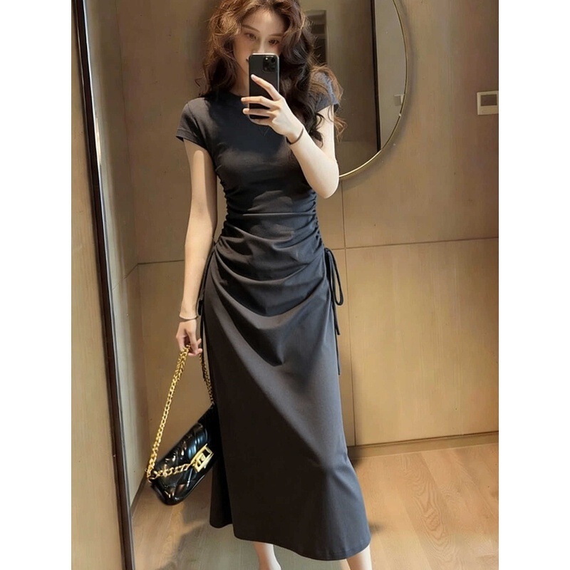 French Style Gray Short-Sleeved Dress for Women 2026 New Summer Beautiful Design Drawstring Waist Slimming Long Skirt French Style Gray Short-Sleeved Dress for Women 2026 New Summer Beautiful Design Drawstring Waist Slimming Long Skirt