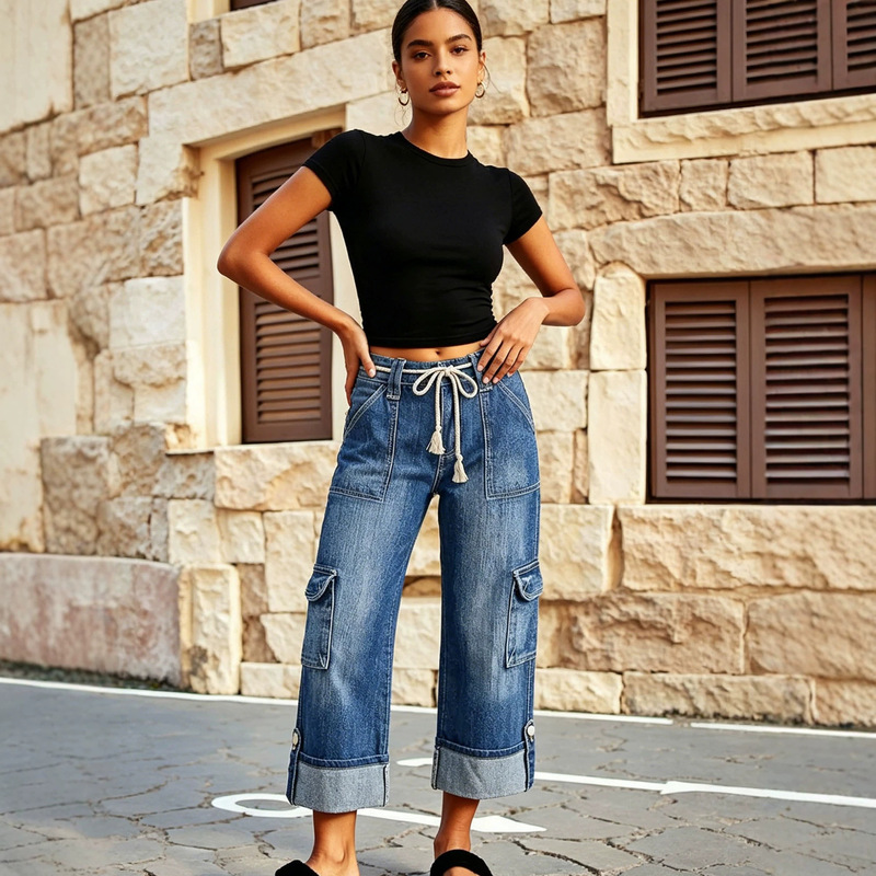 Cross-border women's drawstring waist workwear cropped jeans, vintage washed multi-pocket cuffed loose straight jeans Cross-border women's drawstring waist workwear cropped jeans, vintage washed multi-pocket cuffed loose straight jeans