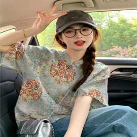 改良汉服灰色团花短袖t恤中式国风女装2026新款半开领盘扣小衫夏