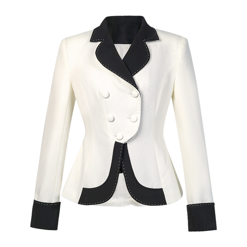 Blazer nữ phối vải tuýt đen trắng cổ ve hai hàng khuy eo ôm — Phối màu