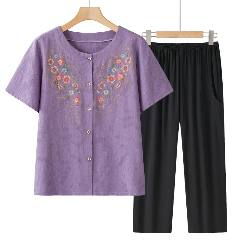Летний костюм бабушки из хлопка и льна с короткими рукавами, женский кардиган среднего и пожилого возраста, костюм Тан, одежда для пожилых женщин, рубашка для мамы.