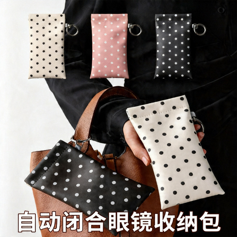 Polka Dot Mirror Cloth Eyeglass Case Travel Portable Hangable Storage Bag Automatic Closing Card Holder Sunglasses Pouch