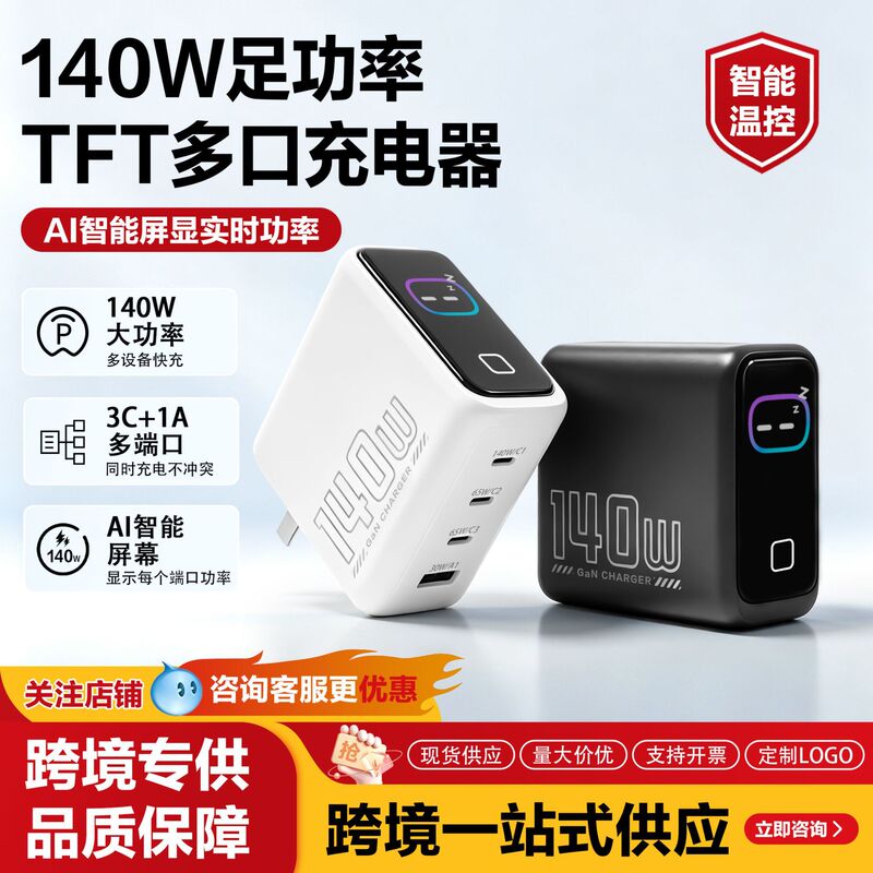 Cross-border 140W multi-port charger with TFT real-time digital display and AI intelligent temperature control, suitable for charging Apple 18 series phones Cross-border 140W multi-port charger with TFT real-time digital display and AI intelligent temperature control, suitable for charging Apple 18 series phones