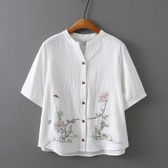 中国風 25 夏服高品質リネン半袖カーディガン女性のトップスゆったりとした大きいサイズの刺繍入りシャツ綿とリネンのシャツ女性用