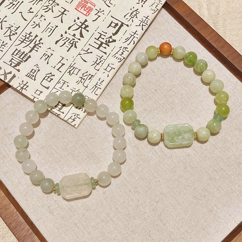青提奶蓋~天然石岫玉手鍊女無事牌天山翠手串復古國潮新中式手鍊