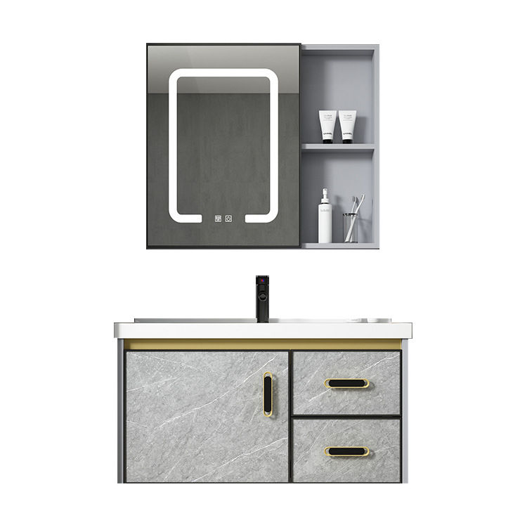 Moderno espacio de aluminio a prueba de humedad Junta simple espejo de baño gabinete combinación tablero de piedra caliza integrado de cerámica lavabo colgante gabinete