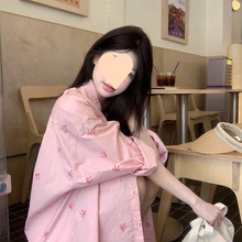 2025粉色蝴蝶结印花长袖衬衫春季新款甜美慵懒宽松晒外套上衣女