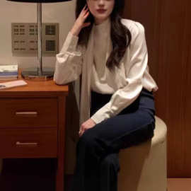 珠光精致系带丝滑通勤衬衫高级感气质长袖衬衣女春秋新款上衣