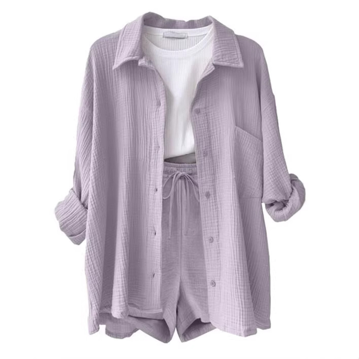 European and American Women's Two-Piece Set: Wrinkled Fabric Lapel Long-Sleeve Shirt and High-Waisted Drawstring Shorts, Plus-Size Fashion Casual Outfit