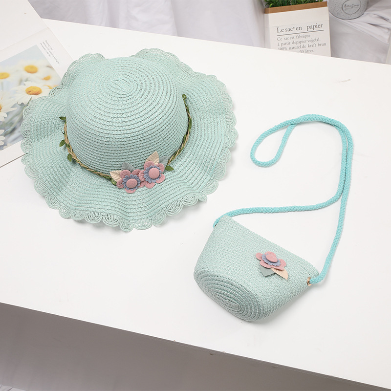 Double flower straw rope wavy edge straw hat-green