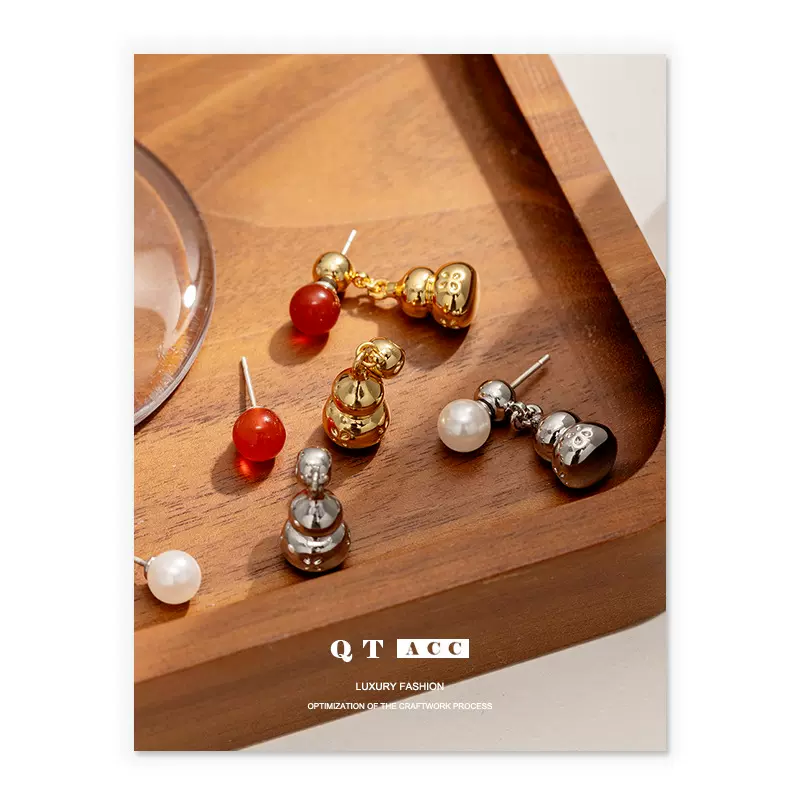 欧美跨境时尚复古玻璃珠红玛瑙搭配经典小葫芦耳坠独特设计耳饰女