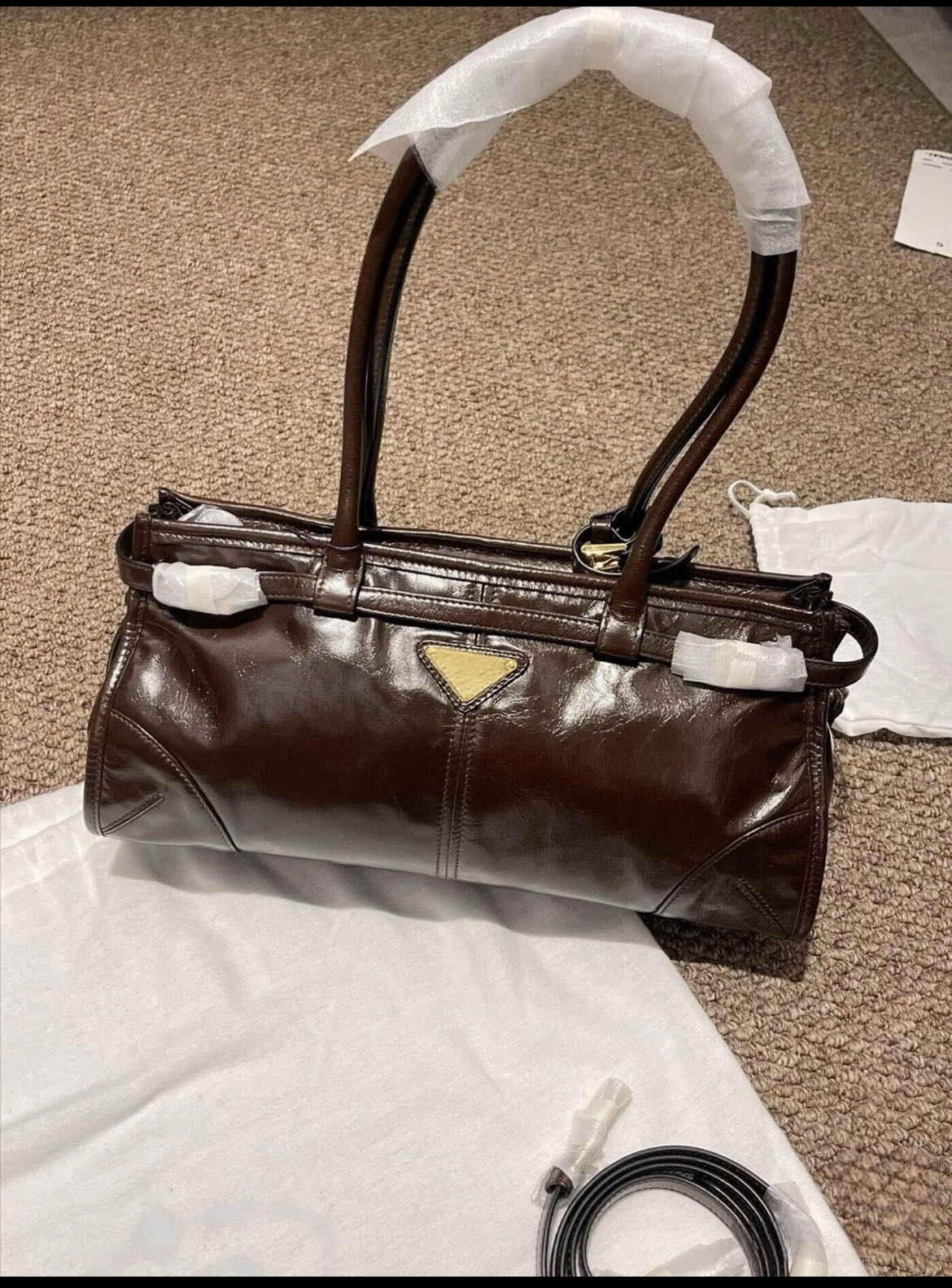 Prada Medium Glossy Leather Shoulder Bag Dark Brown