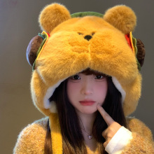 可爱汉堡小熊毛绒帽子女秋冬加绒加厚保暖大头围显脸小护耳雷锋帽
