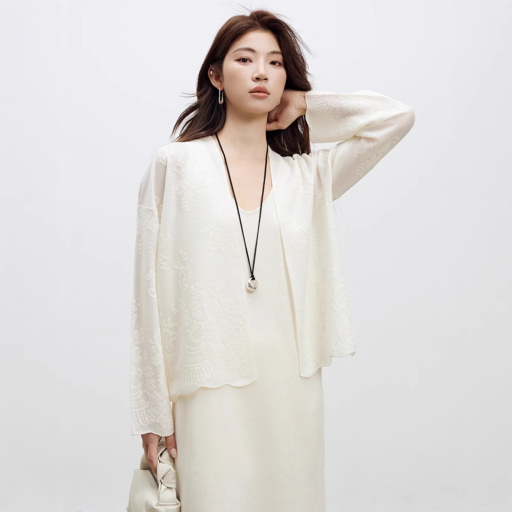 轻奢暗纹提花羊毛针织开衫2025秋季新款女装刺绣花边上衣早秋外套
