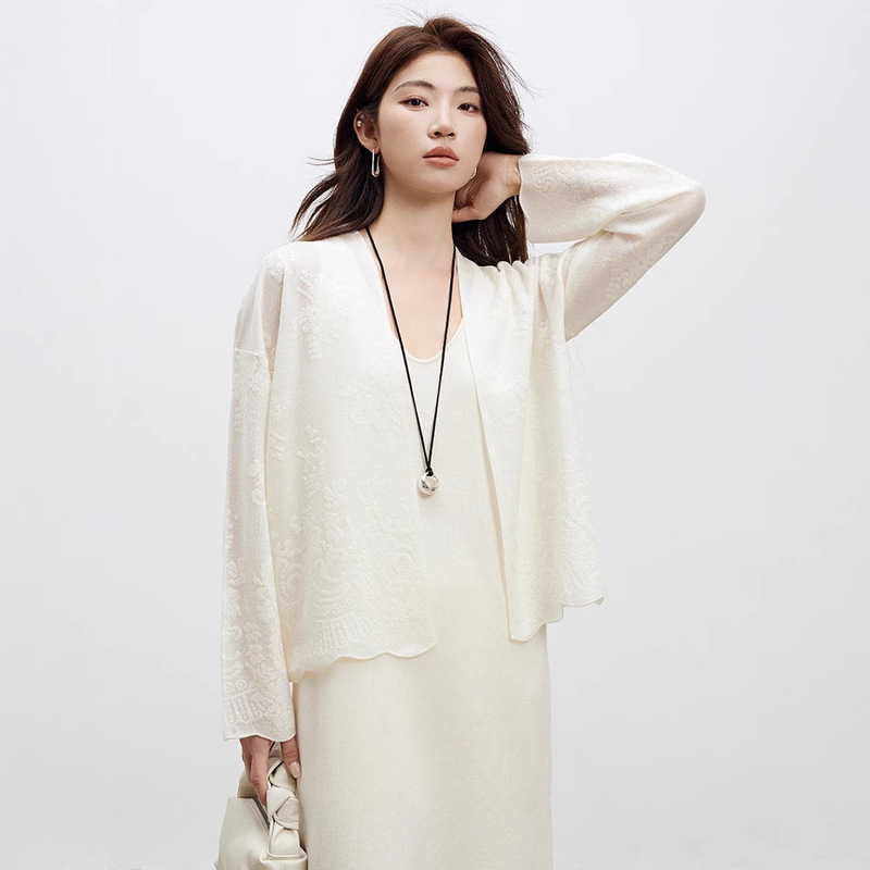 Light Luxury Jacquard Wool Knit Cardigan 2026 Spring New Women's Embroidered Lace Top Early Autumn Coat