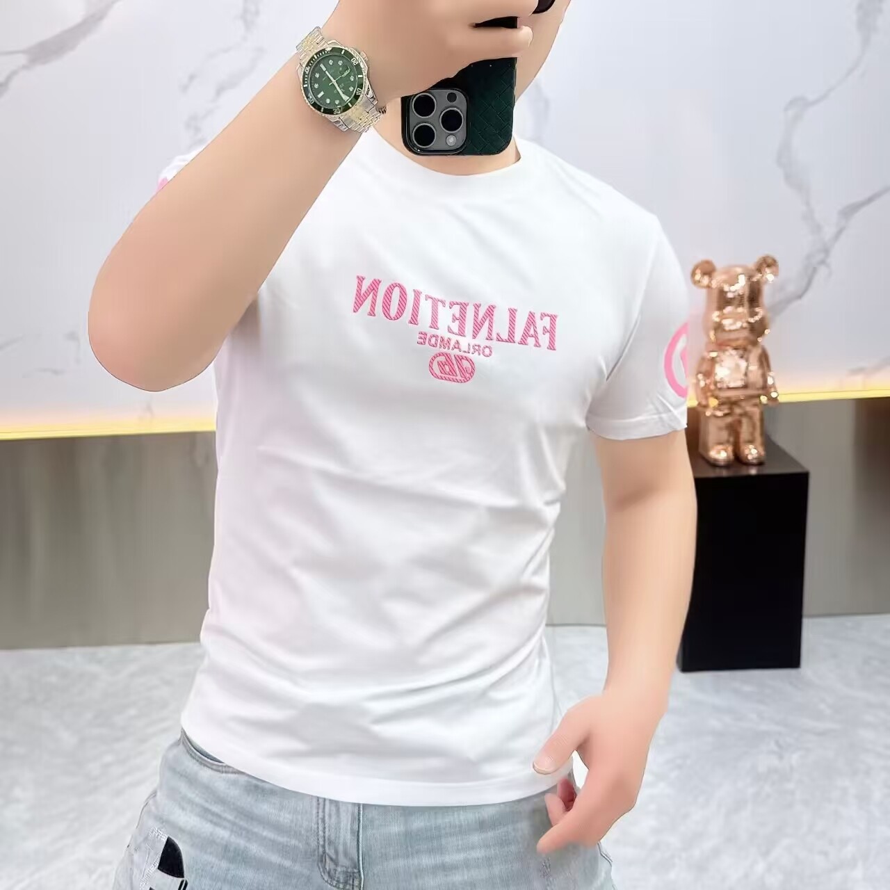 2025 Summer New Men's European Fashion Brand Letter Short-Sleeved T-Shirt Slim Fit Versatile Round Neck Half-Sleeve