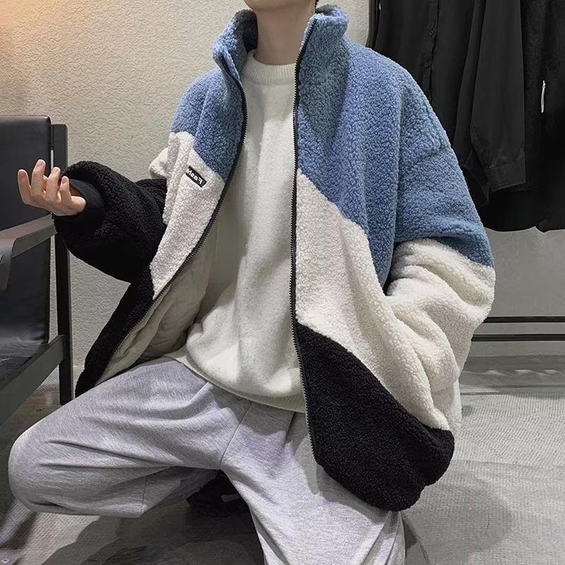 Abrigo de lana de cordero para hombre Otoño e Invierno estilo de Hong Kong ins moda todo partido volantes sueltos hermoso contraste color collar casual abrigo de algodón acolchado