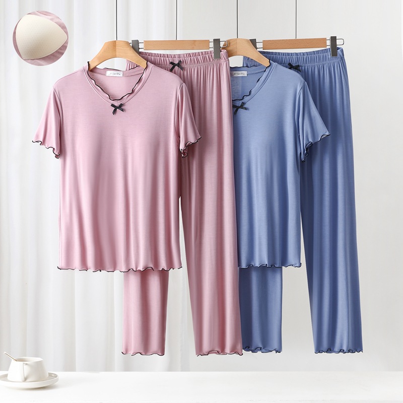 Women's Cool Modal Summer Thin Anti-Bump Short-Sleeved Pajamas with Breast Pads, Bra-Free Home Wear Set