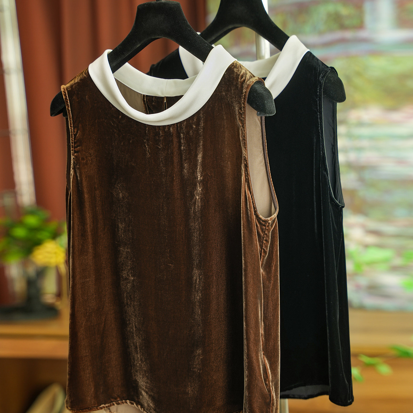 Contrast Color Rolled Collar Silk Velvet Sleeveless Top Fashion Suit Skirt for Women Summer 0522
