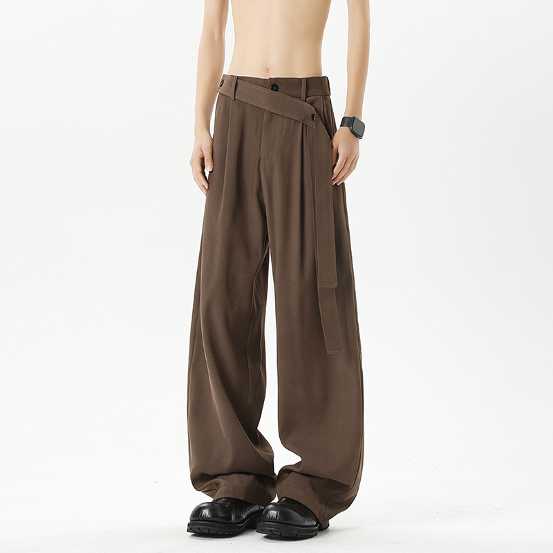 Trendige Vintage-Hose in Kaffeefarbe mit geradem Bein und drapiertem Gürtel für Herren, Sommer 2025, neue, lockere und vielseitige Passform_voghion.com