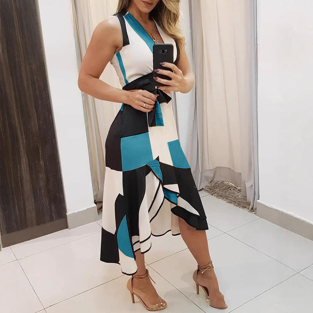 Summer V Neck Sleeveless Contrast Color Printed Ladies Dress Women's Clothing Print Dress