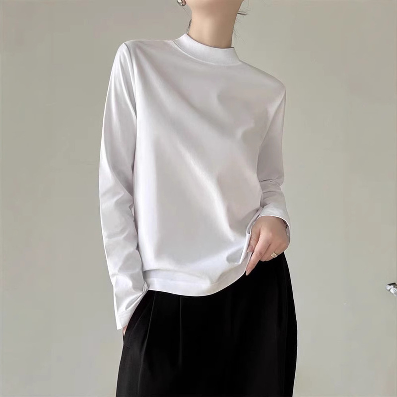 Spring and Autumn New Fashion Versatile Small Stand Collar Solid Color Cotton t Simple Half-High Collar Pullover Women's Long Sleeve Base Top