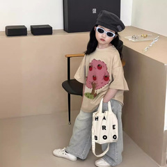 韓國童裝2024春夏新款波拉韓版男女中小童寬版刺繡休閒短袖童t恤