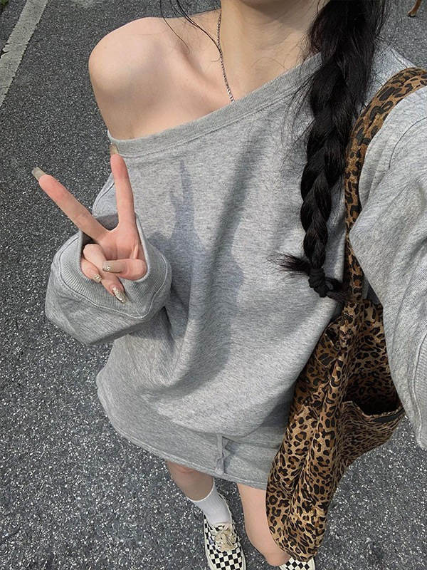 美式斜肩卫衣女款新露肩初秋穿搭早秋chic上衣2025新款秋季长袖薄|undefined