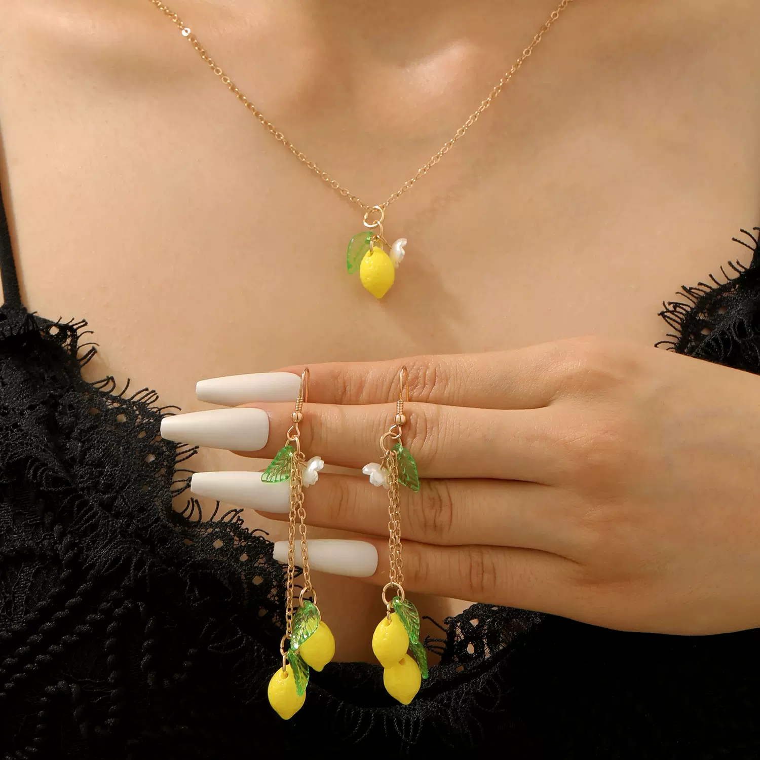跨境爆款黄色柠檬花朵耳环项链女高级彩色创意耳钩清新水果耳饰