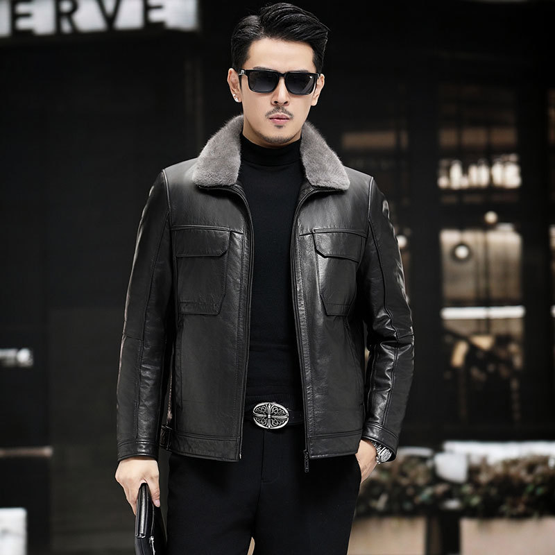 Lapel Genuine Leather Jacket Men's First-Layer Cowhide Genuine Leather Jacket Removable Mink Fur Collar Winter Warm down Jacket Leather Jacket