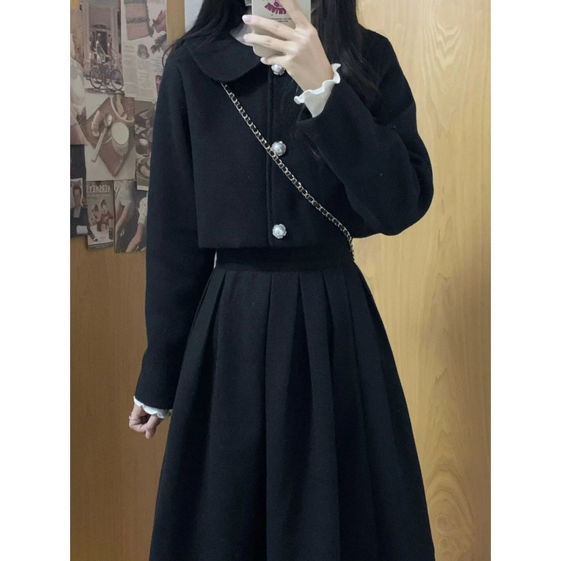 秋冬套装复古小香风毛呢短外套高腰显瘦百褶半身长裙套装两件套女