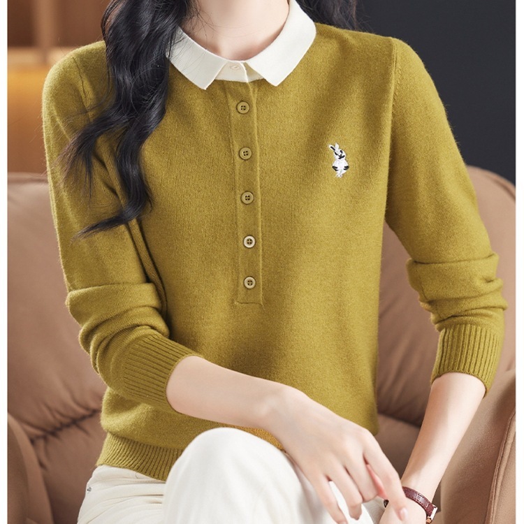 春秋装桑蚕丝长袖t恤女polo领粉色针织洋气上衣妈妈打底小衫|undefined