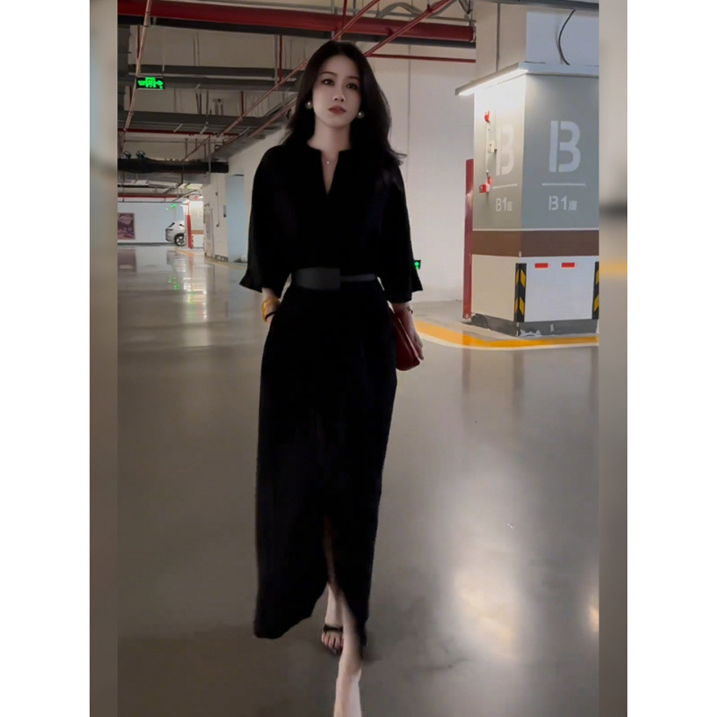 6801 Hepburn-Style Elegant Black Plus-Size Dress for Plus-Size Women, New Versatile Fashion Long Dress for Work and Casual Wear