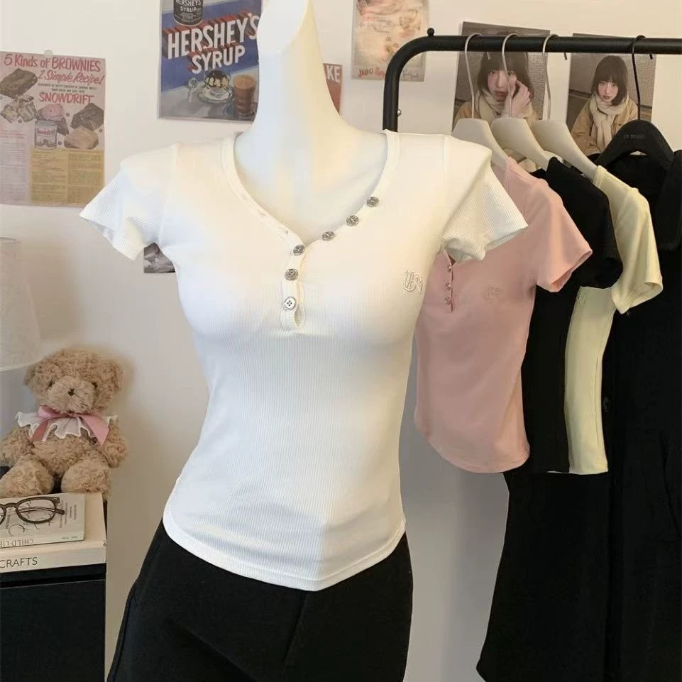 Человечковый хлопок чистый ветер V-образный вырез с короткими рукавами на плече