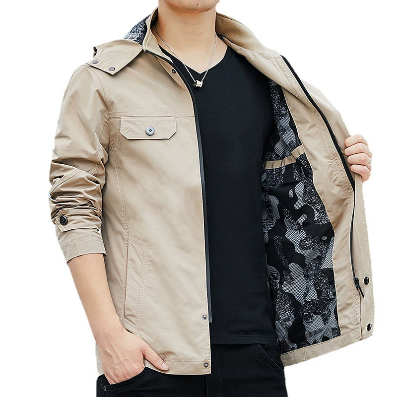 Мужская куртка-ветровка 2025 осень-зима, новая, средней длины, с капюшоном, однотонная, в корейском стиле, повседневная, молодежная