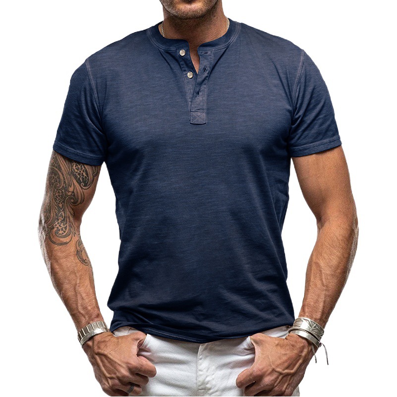 NOVEDAD DE VERANO 2025, camiseta Henry de manga corta de color puro transfronterizo de Amazon para hombre, camiseta americana de exportación, venta al por mayor