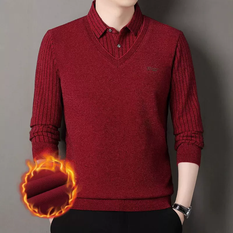 新款长袖男士POLO衫加绒加厚假两件男针织衫上衣直播爆款工厂直播
