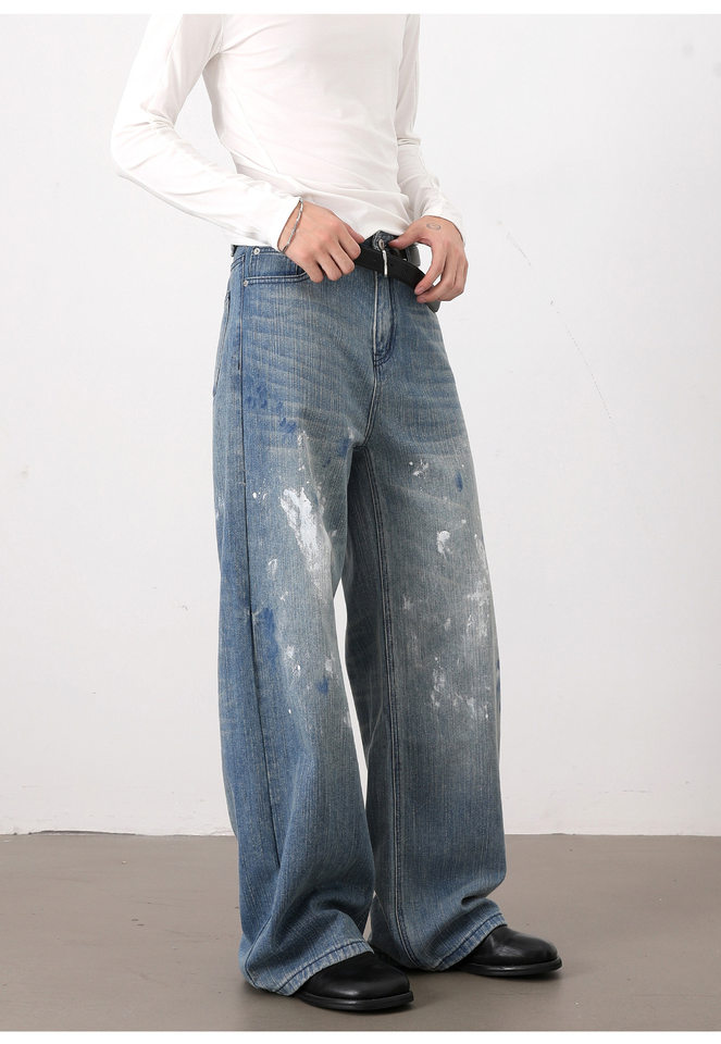 Quần jeans nam ống rộng dáng thẳng phong cách Hàn Quốc, họa tiết vẽ tay độc đáo — Màu xanh dương chi tiết 16